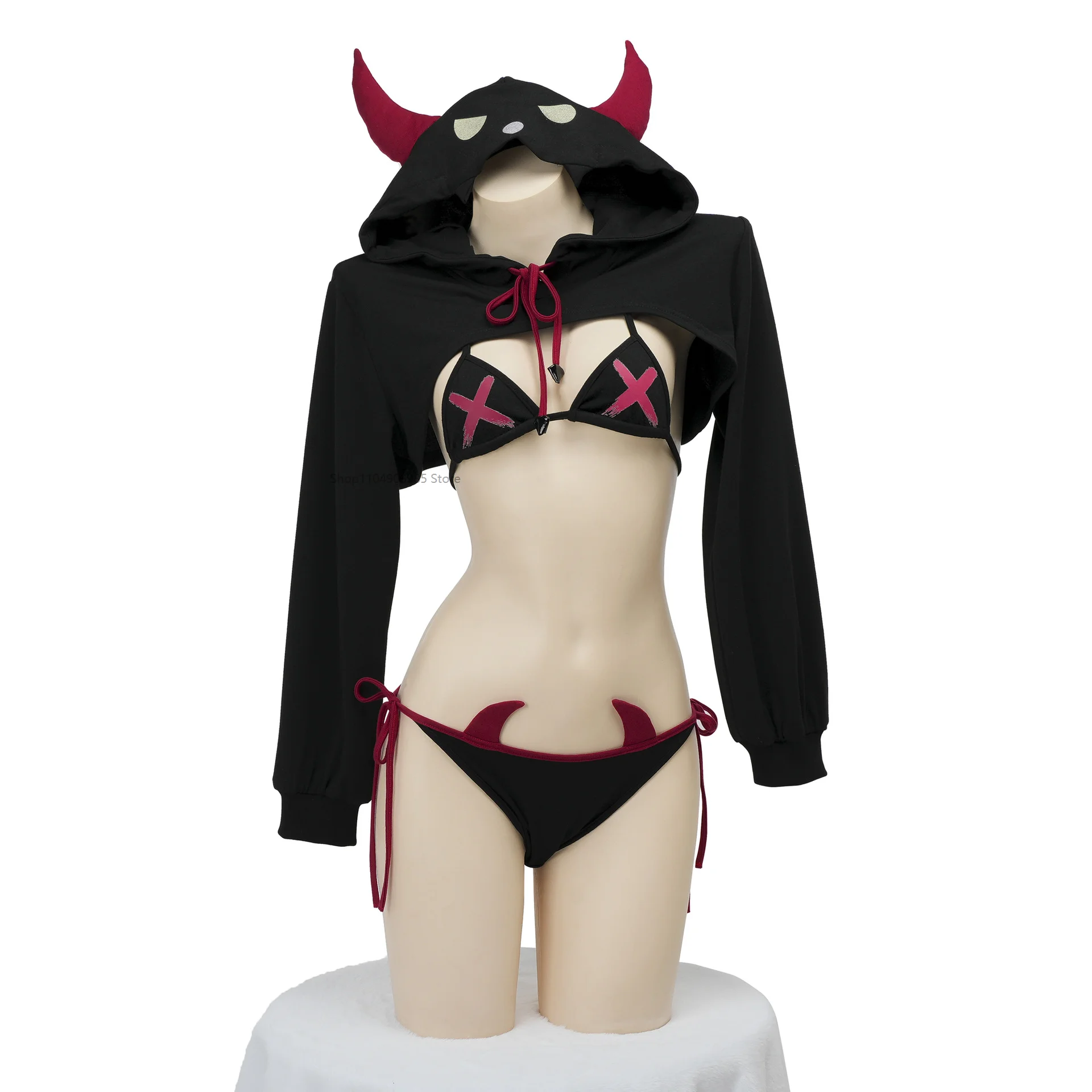 Devil Girls Bikini Set Punk Hoodie Crop Top Long Sleeve Halloween Cosplay Underwear Nightgown Role Play Student Outfits Lingerie