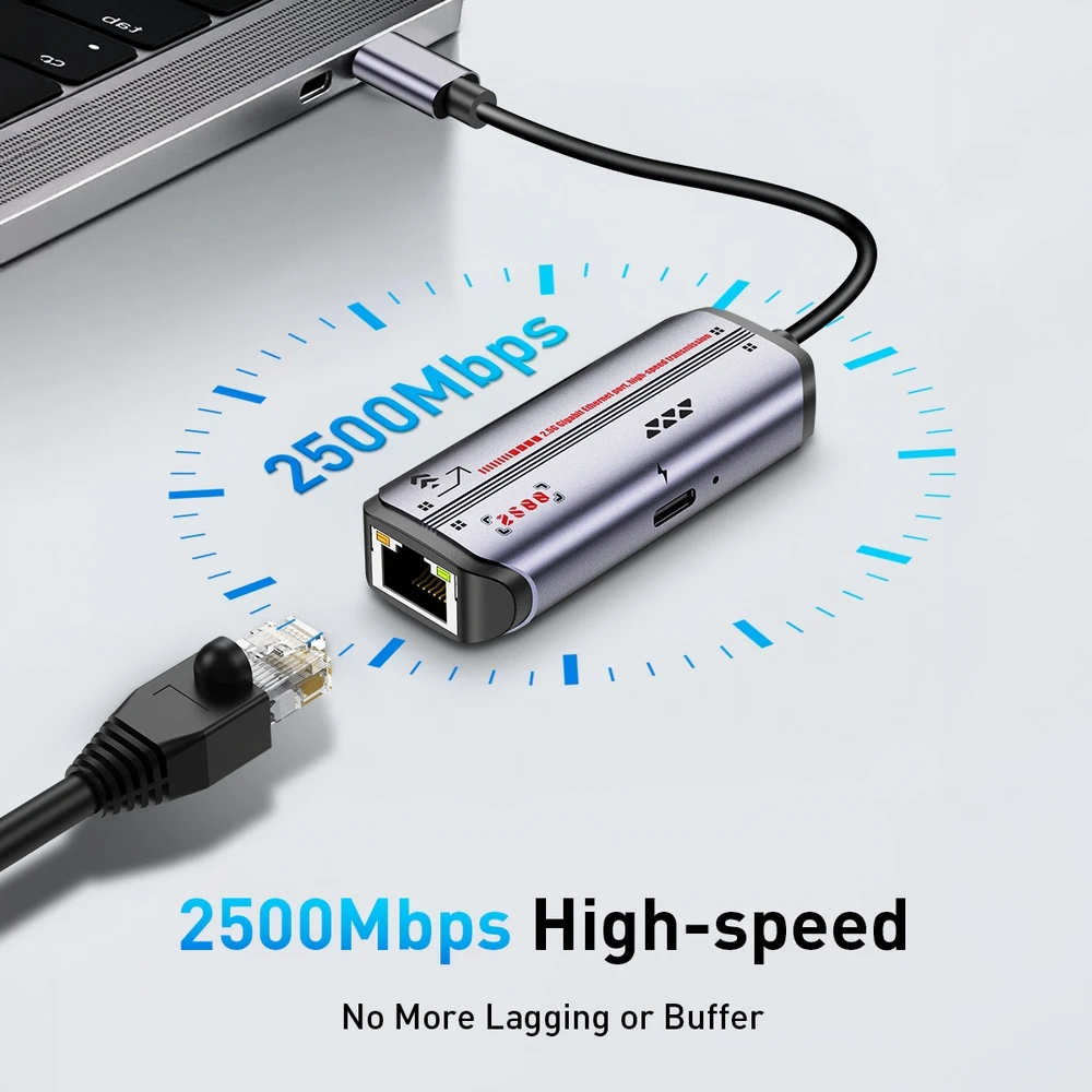 2.5G USB C 이더넷 어댑터 2.5Gbps/1000Mbps RJ45 PD 100W 충전 알루미늄 컴팩트 노트북 태블릿 데스크탑 게임 작업 여행용