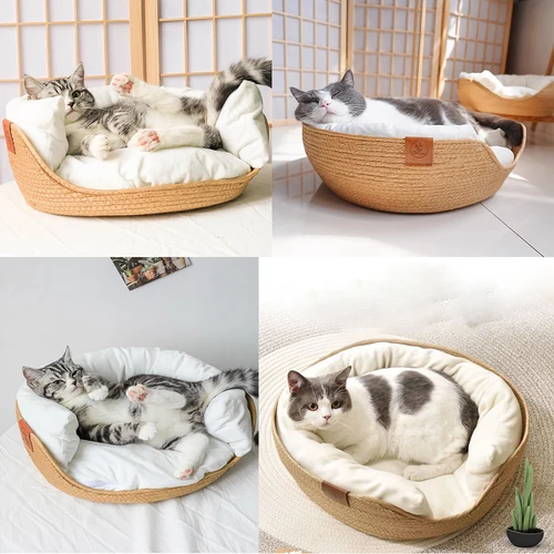 YOKEE 애완 동물 고양이 매트 개 침대 소파, 수제 대나무 직조, 아늑한 둥지 바구니, 방수 탈착식 쿠션, 침낭, 사계절 2