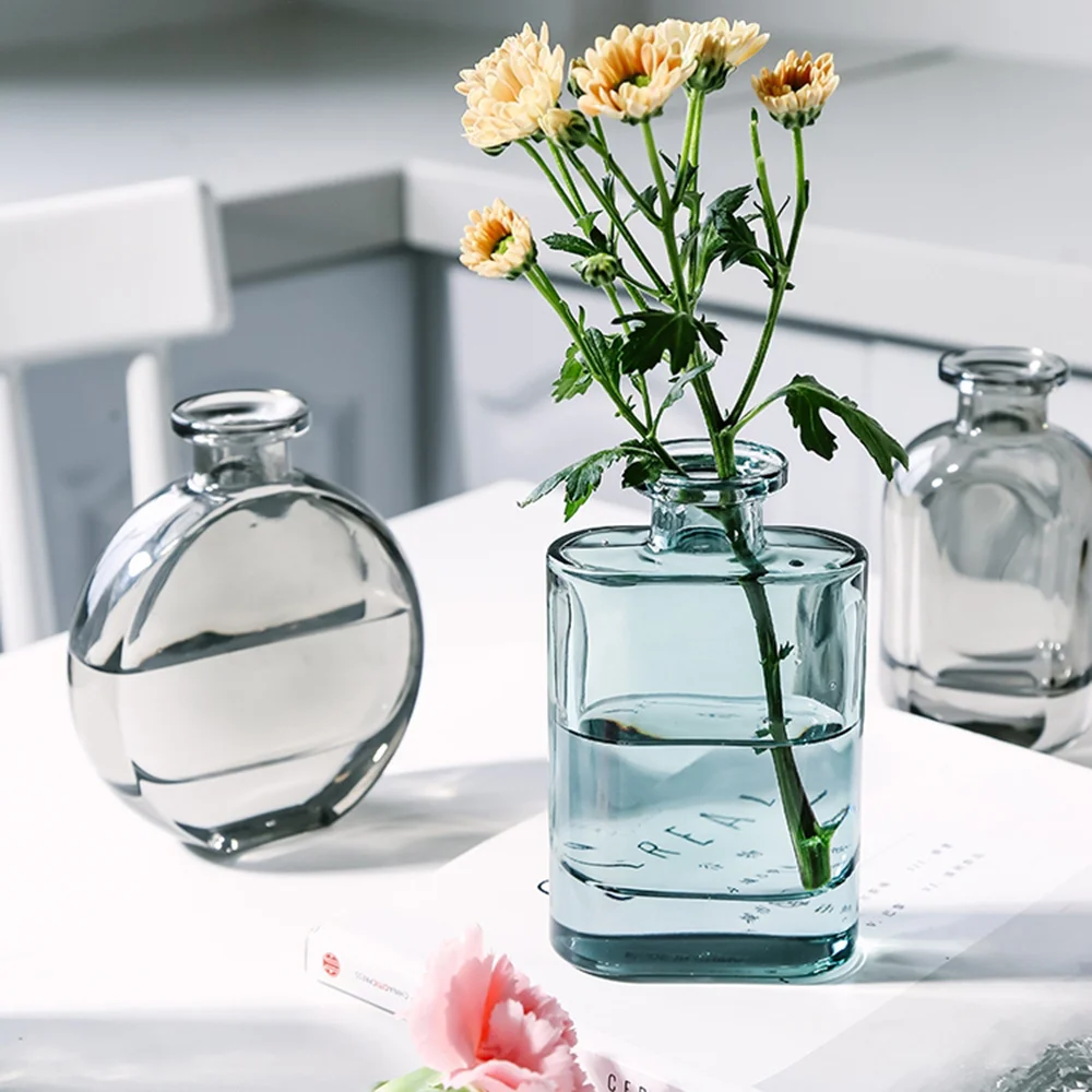 Mini Blue Grey Glass Vase Fresh Flower Table Vase Plant Hydroponic