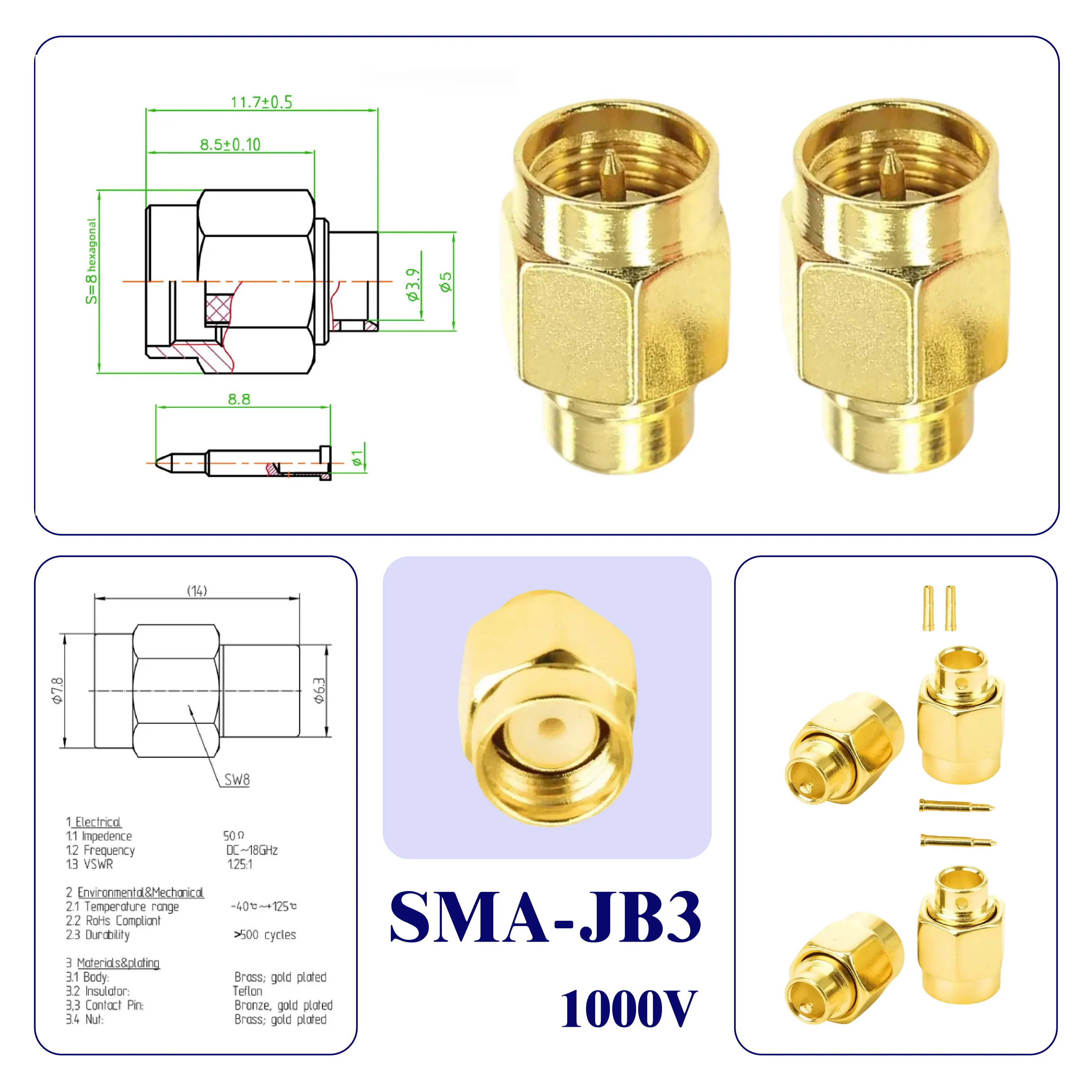 ตัวต่อโหลดจำลอง RF แบบ SMA ตัวผู้ 50 โอห์ม รองรับแรงดันไฟฟ้า 1000V ความถี่ 6GHz ชุบทอง 1