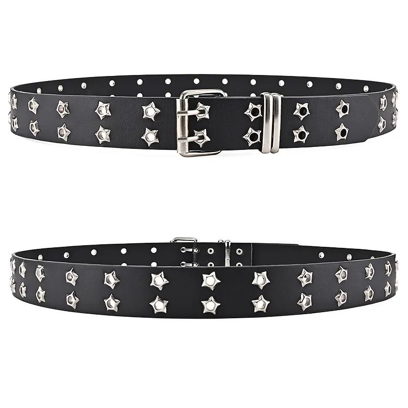 Star Eye Rivet Women's Belt Double Row Needle Buckle Fashion Men's Belt PU Leather Belt Hip Hop Punk Rock Style Jeans Belt