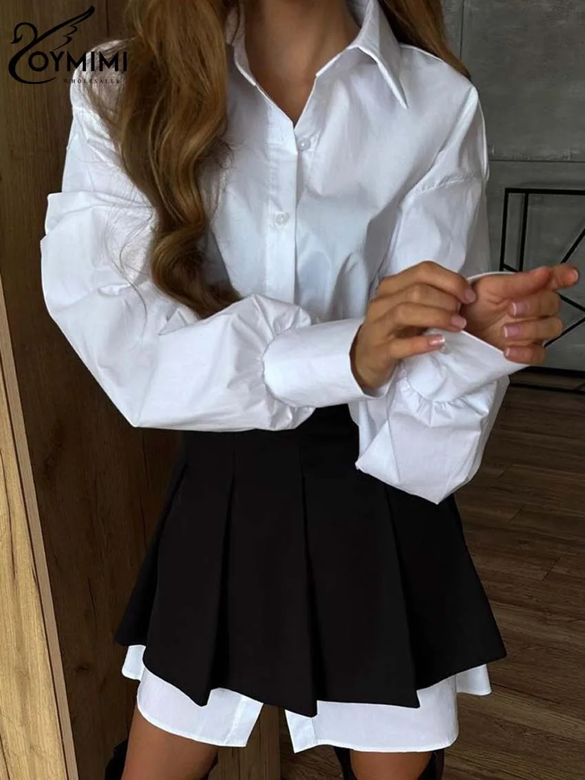 Oymimi Fashion White Patchwork Two Piece Set For Women Casual Long Sleeve Single Breasted Shirts + High Waist Pleated Skirts Set