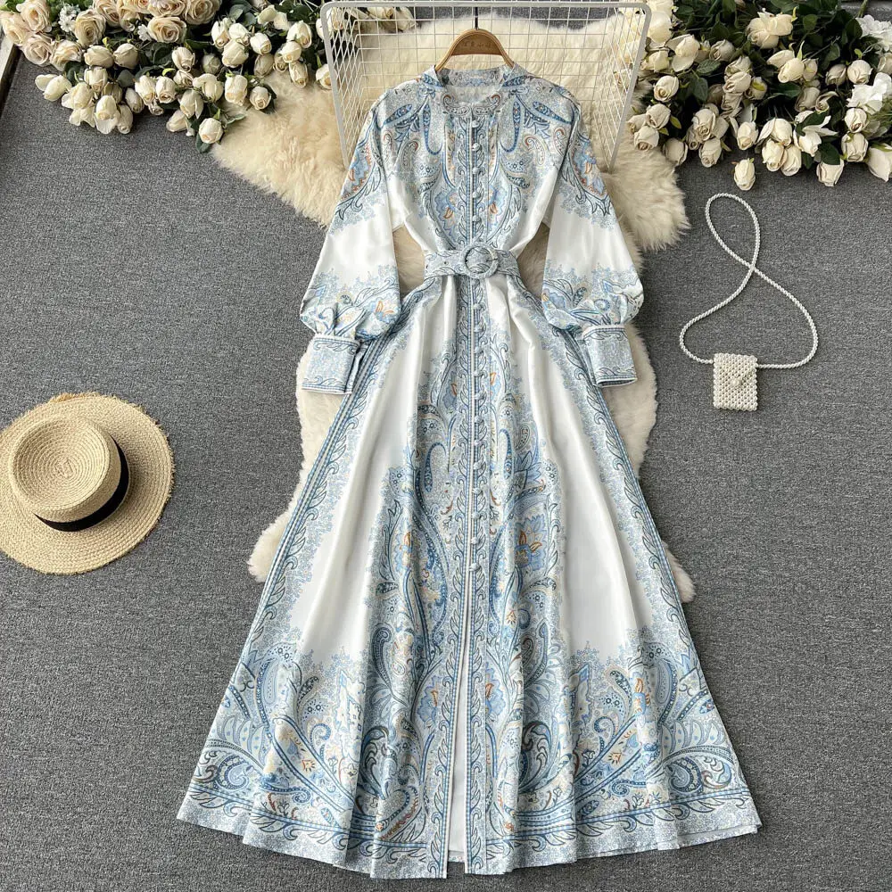 Nuevo vestido de fiesta vintage para mujer, moda de manga larga, botonadura sencilla, cuello alto, elegante, estampado, vestidos largos, primavera y otoño.
