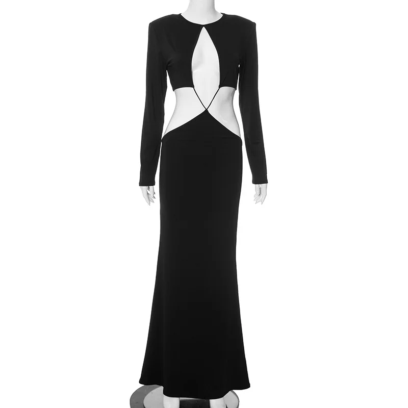 Cryptographic Fashion Black Sexy Cut Out Maxi Dress Bandage Party Club Outfits Long Sleeve Plunge Dresses Elegant Gown Vestido
