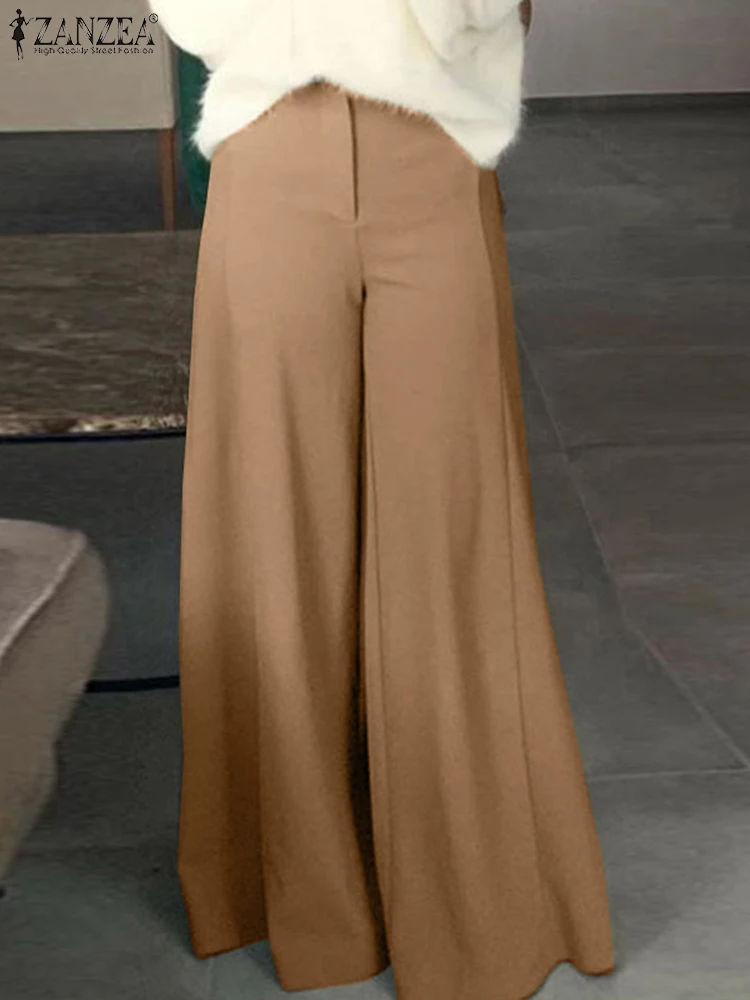 

ZANZEA Autumn Casual Wide Leg Pant Woman Elegant Side Pockets Trousers Female Fashion Solid Color Palazzo Holiday Loose Pantalon