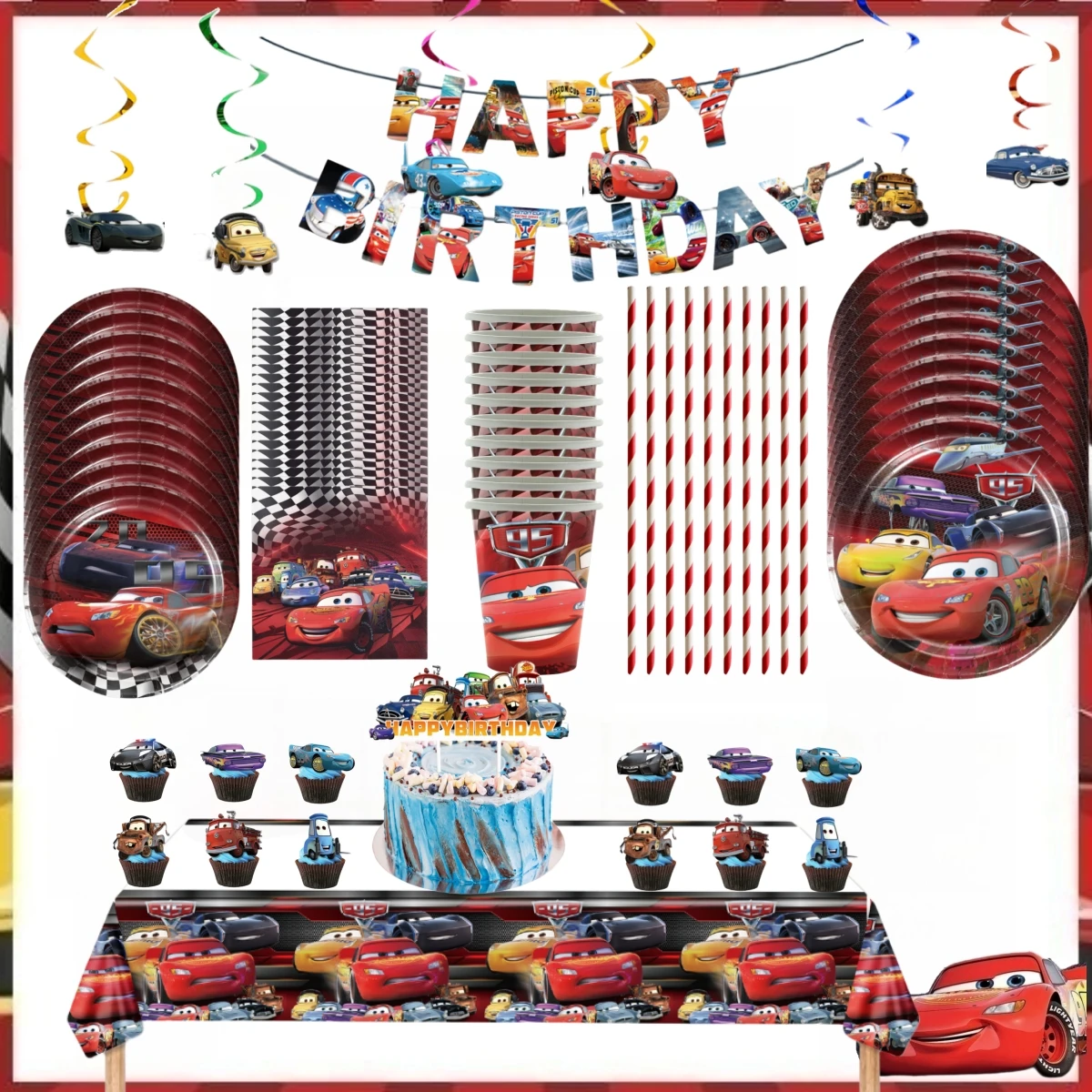 

Disney Cars Birthday Party Decoration Customized background Cartoon Lightning McQueen Cake Decors Kid Favors For Party Supplies