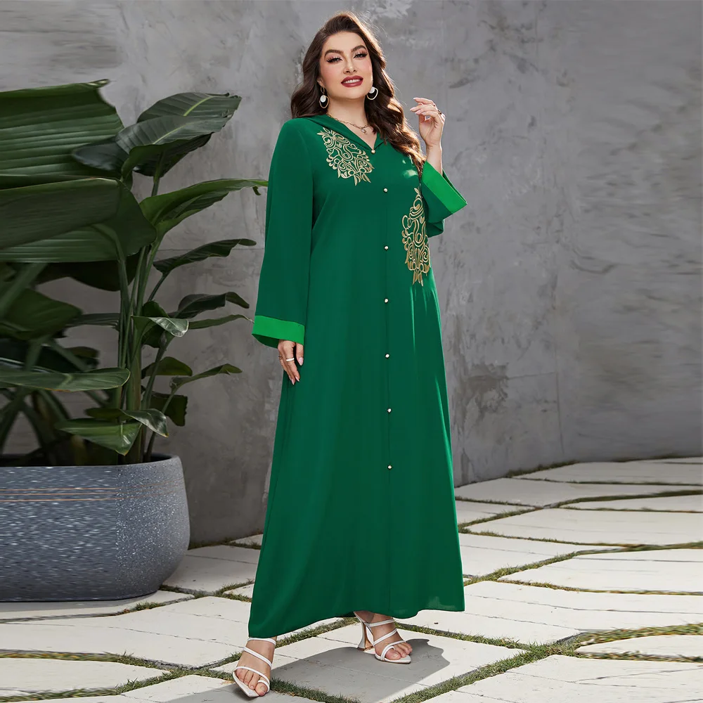Muslim Abaya For Women Dubai Saudi Djellaba Green Hooded Women Robe V-neck Embroidery Autumn Moroccan Caftan Women Clothing