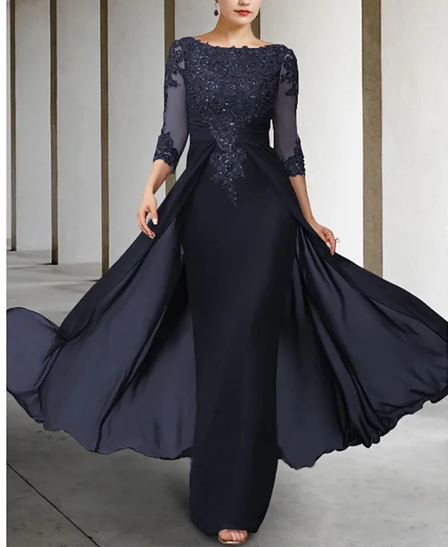 S6dc3f3a7494949df8f9c100ed7825aca9 Long Elegant Mother of the Bride Dresses Chiffon Appliques Jewel Neck Floor Length Evening Wedding Party Skirt for Women Mallzona
