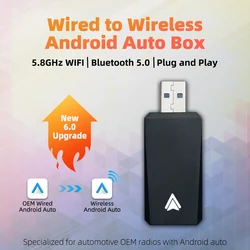 New Upgraded 6.0 Wired to Wireless Android Auto Adapter for Wired Android Auto Car Smart Ai Box Bluetooth WiFi Auto Connect Maps