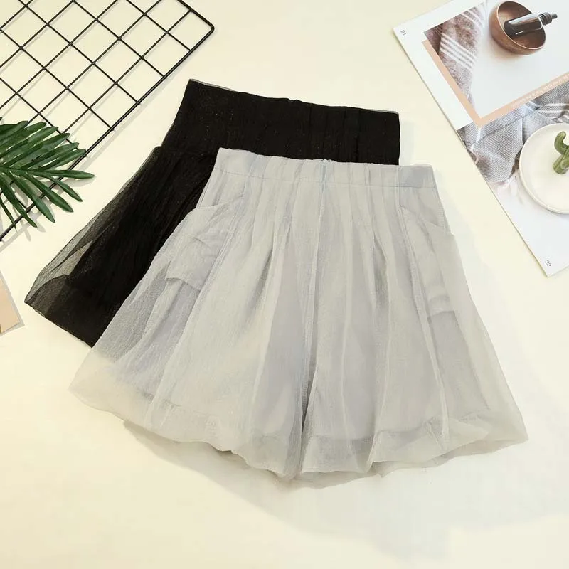 

French Mesh Shorts Women 2021 Summer Korean Bubble Design High Waist Pocket Casual Zipper Hot Shorts Sexy Ladies Slim Shorts