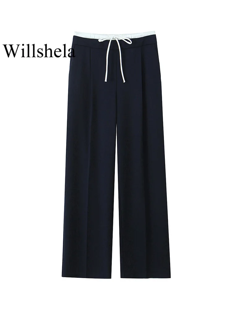 Willshela Women Fashion Solid Lace Up Side Zipper Straight Pants Vintage High Elastic Waist Female Chic Lady Trousers 4