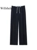 Willshela Women Fashion Solid Lace Up Side Zipper Straight Pants Vintage High Elastic Waist Female Chic Lady Trousers 4