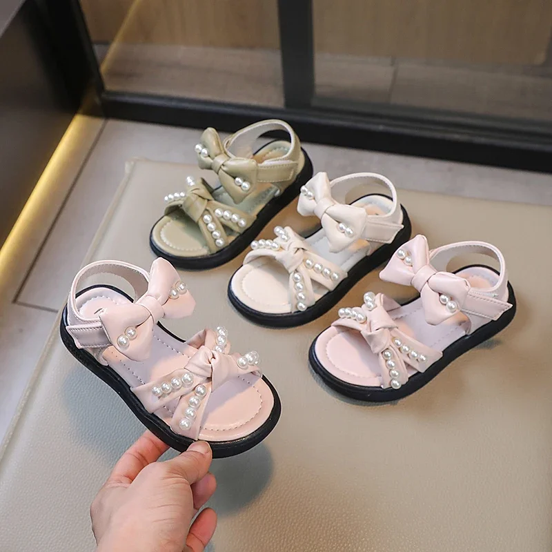 

Girls Bow Princess Sandals 2024 Summer New Soft Soled Shoes Kids Open Toe Beach Flats Pearl Size 22-31