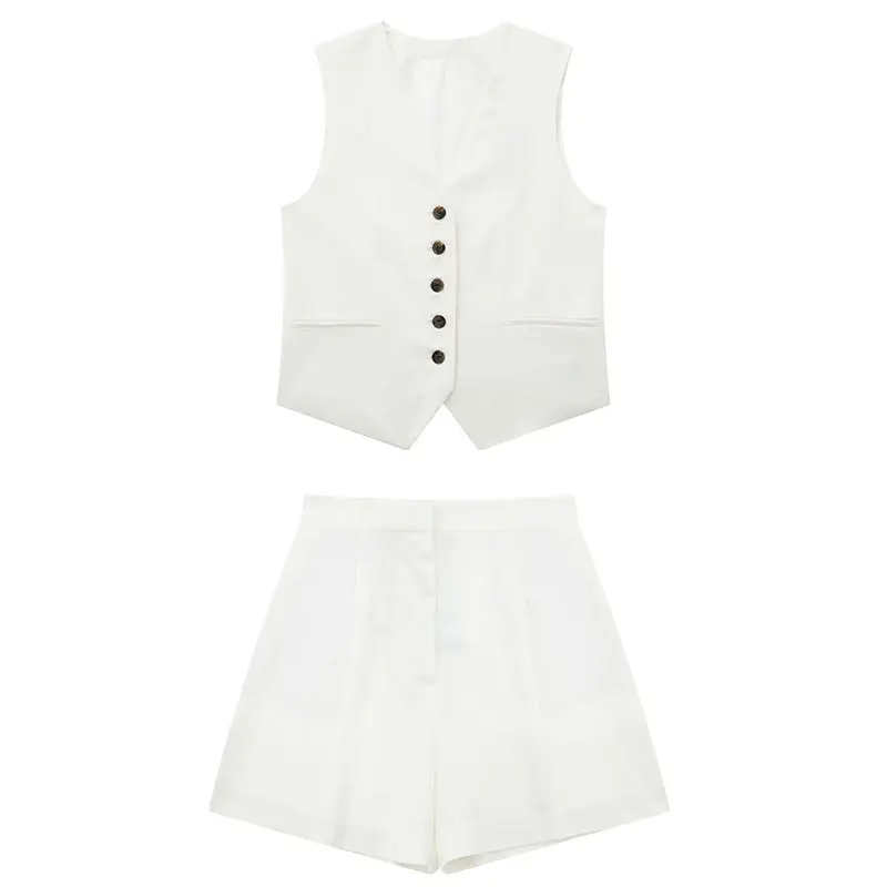 thumbnail image 1 of TRAF 2024, conjunto De pantalones cortos De moda Vinatge para Mujer, chaleco Blanco sólido sin mangas + pantalones con bolsillos, conjunto De dos piezas para Mujer, ropa De calle para Mujer, 1 of 5