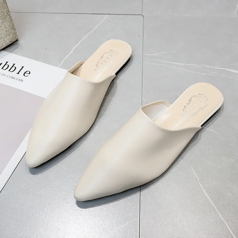 Women Spring Summer Slippers Mules Soft Leather Pointed Toe Slip On Sandalias Soild Mature Fashion Casual Low-heeled Shoes Mujer 1
