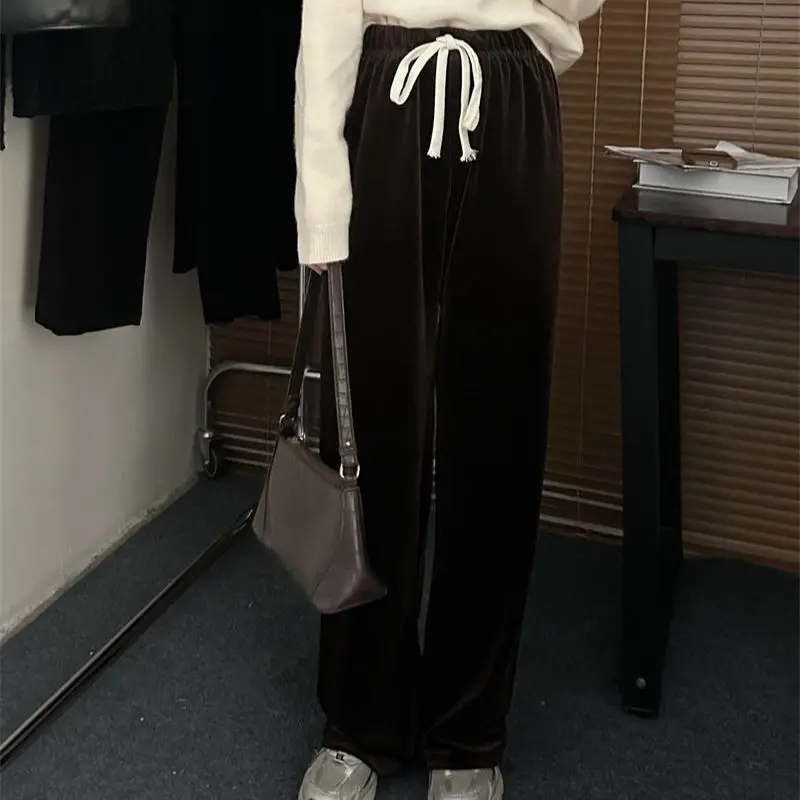 

Limiguyue Drawstring Velvet Pants Korean Thick Winter Straight Leg Long Elastic Waist Loose Sweatpants Casual Autumn Trousers