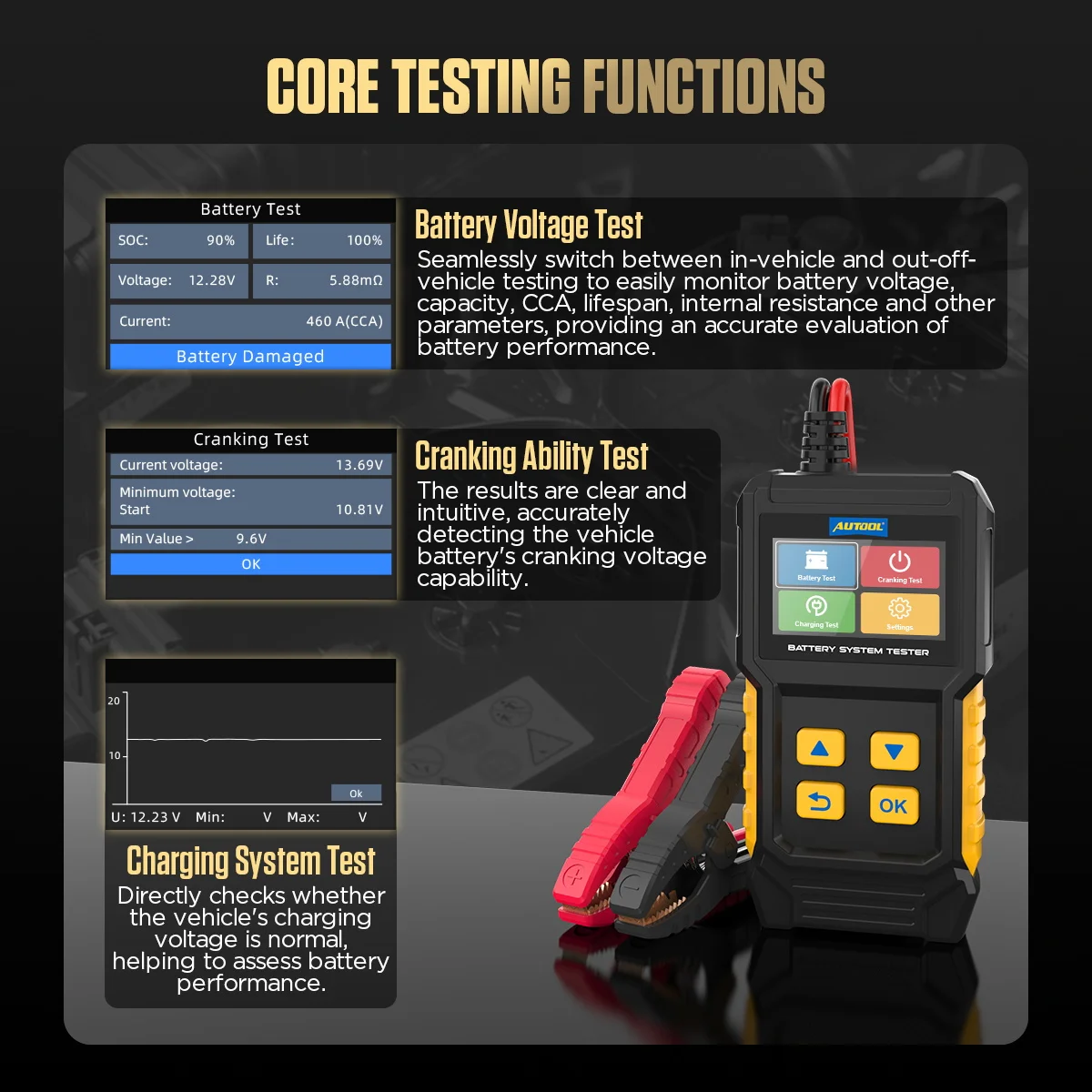 AUTOOL BT360 8-29V Car Battery Tester 2.8-Inch Color Display Electric Vehicle Battery Analyzer 30-2000CCA Cranking Charging Tool 2