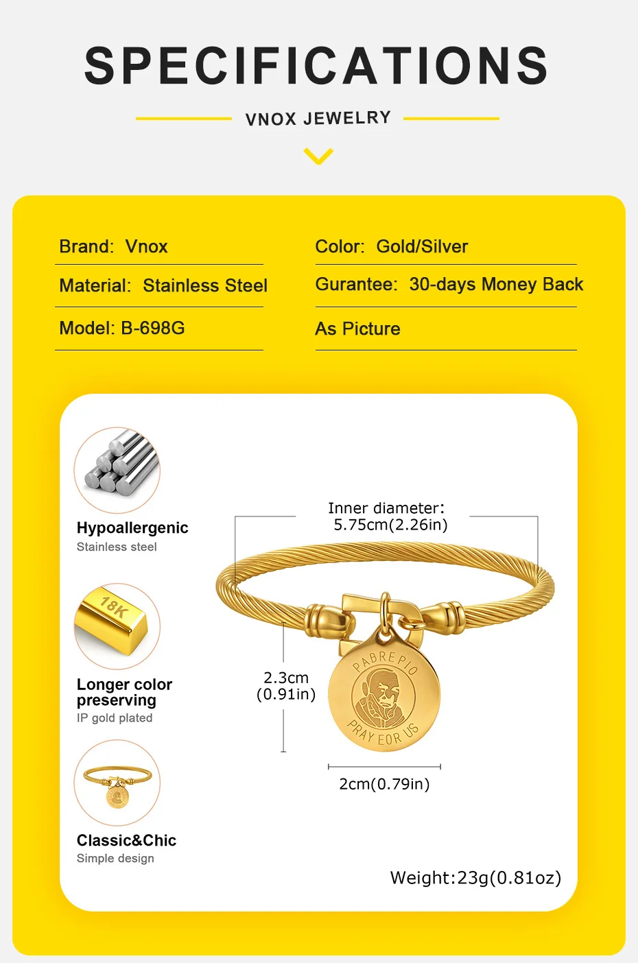Vnox Einzigartige Edelstahl-Armbänder für Damen und Herren, Padre Pio katholischer Heiliger, runde Accessoire-Armreifen, religiöses Schmuckset, Geschenke – Detail 5