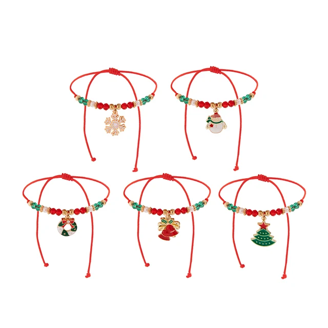 KunJoe 5pcs/set Cute Christmas Series Snowflake Tree Pendant Crystal Bracelet Women CCB Beads Adjustable Thread Rope Bracelet 6