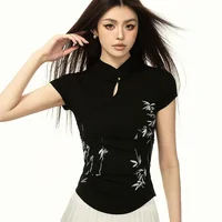 Retro Chinese Style Bamboo Print Short Sleeve T-Shirt Women's Summer New Fashion Stand Collar Button up Top Short Length