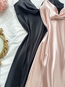 فستان رسن مثير جديد بلون سادة فستان نوم نسائي مريح وطويل الشق 4