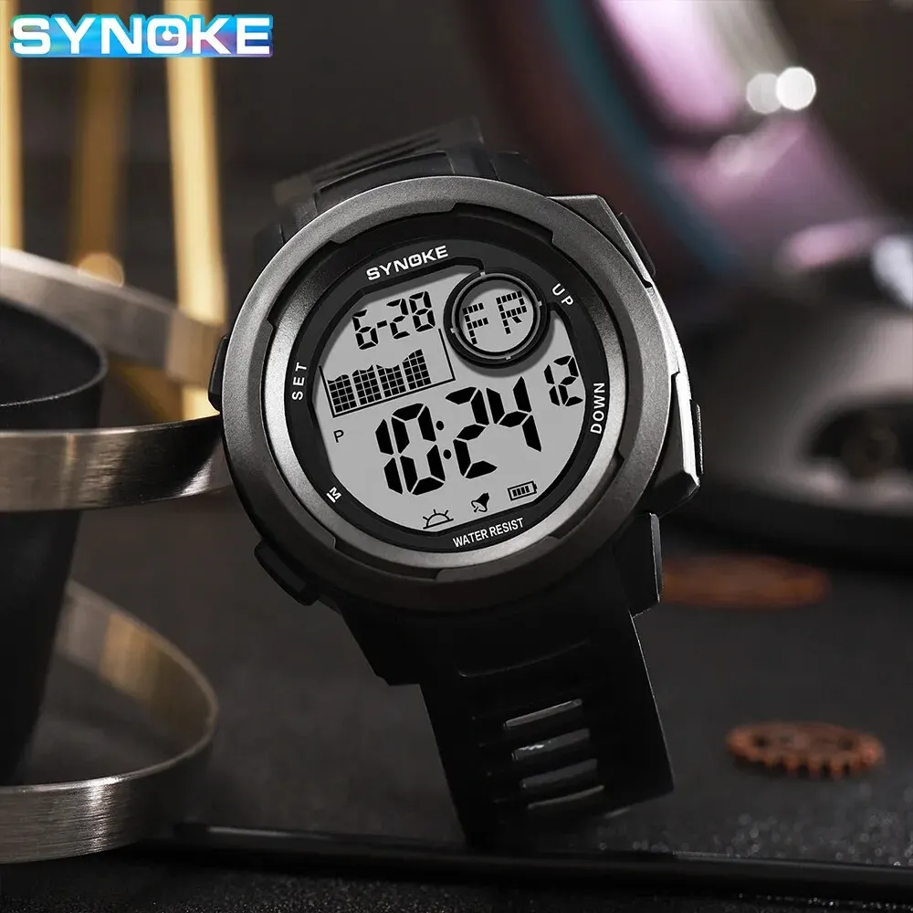 SYNOKE Men Digital Watch Sports Watches 5Bar Waterproof Military Shock Digital Watch LED Display Large Screen Alarm Clock 2