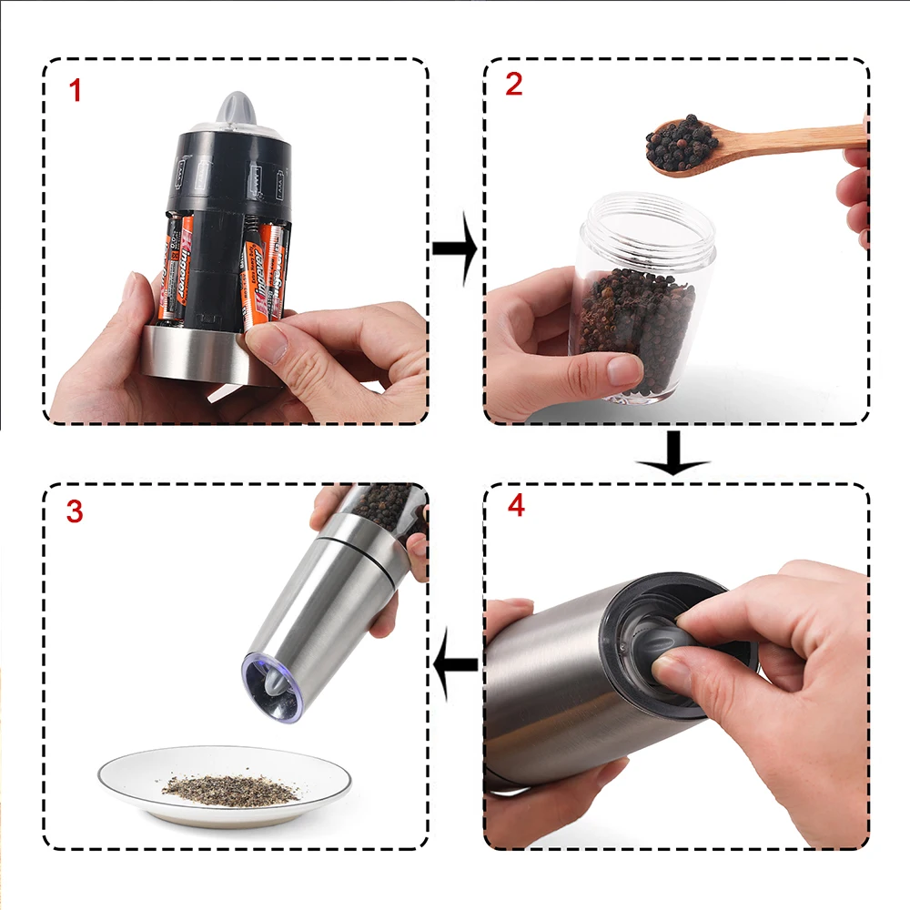 Automatic Salt Pepper Mill Grinder Electric Stainless Steel LED Light Gravity Operated Mills Kitchen Spice Tools Set for Cooking