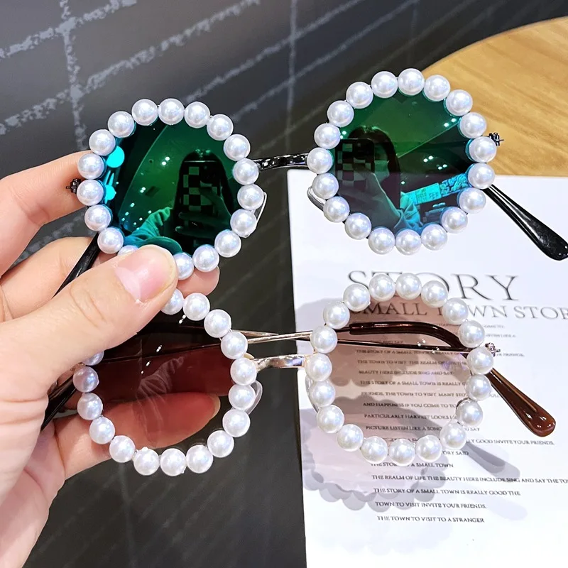 Kids Pearl Sunglasses Girls Retro Round Fashion Sunglasses Candy Color Lens Sun Glasses Eyewear for Children Cycling Goggles - Image 3