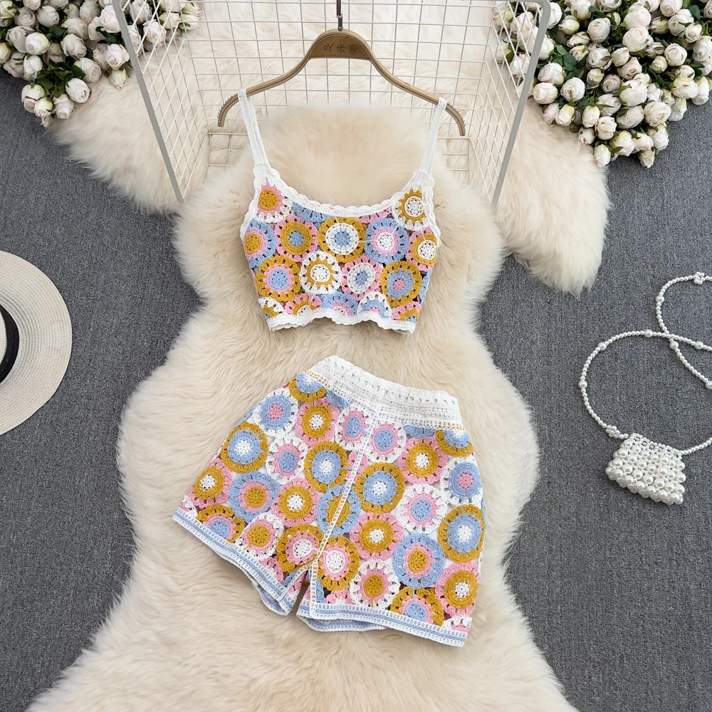 2024 New Lady Hollow Knitting Seaside Holiday Women Swimsuit Vintage Embroidery Beach National Sleeveless Camisole Shorts Set