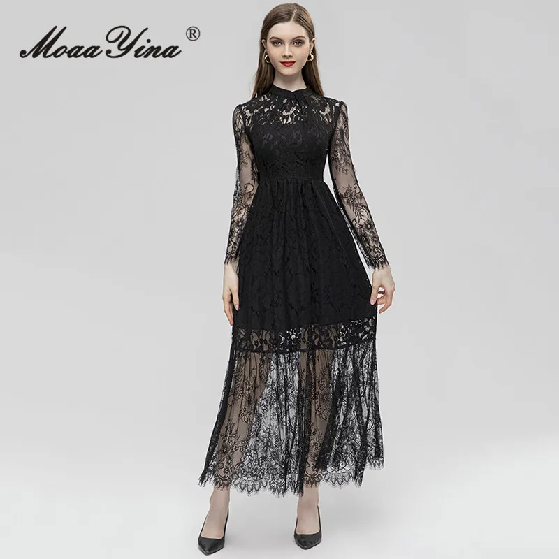 

MoaaYina Summer Fashion Runway Elegant Mesh Perspective Dress Women's O-Neck Long Sleeve Appliques Ruffles Black Long Dresses