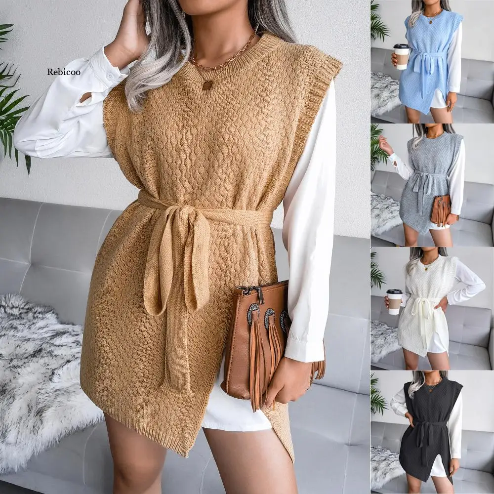 

Autumn Dress Women 2021 Sleeveless Knitted Sweater Dresses For Womens Casual Clothes White Black Blue Gray Khaki