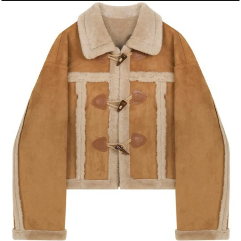 2023 Winter Vintage Style Single Breasted Turn Down Collar Short Jacket For Women Retro Outerwear Fashion Patchwork Coat