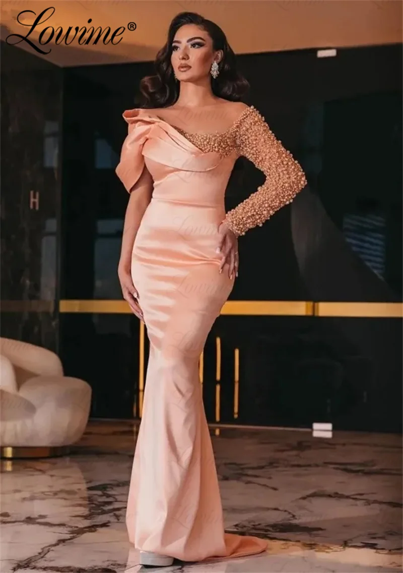 

Couture Pink Beaded Crystal Evening Dress Long Sleeve Mermaid Satin Formal Occasion Dresses Bride Wedding Party Gowns 2023 Robes