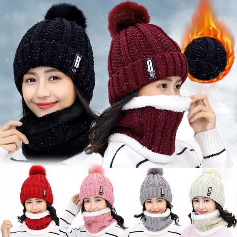2pcs Winter Knitted Beanies Hat Scarf Set Women Thick Warm Beanie Skullies Hat Female Knit Letter Beanie Caps Outdoor Riding Set