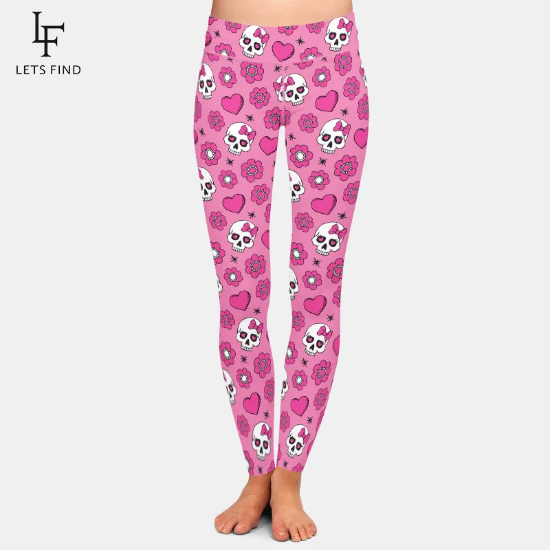 LETSFIND 3D Flowers Skull and Heart Print Women Pants Fashion High Waist Soft and Comfortable Fitness Elastic Leggings