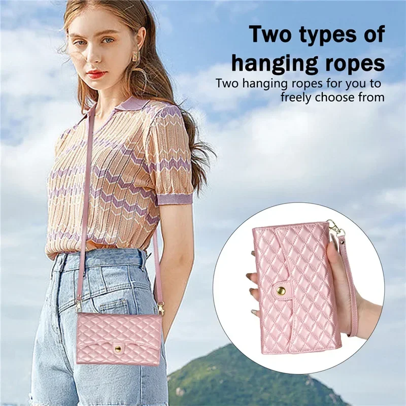 Crossbody Leather Zip Wallet Phone Case with Wrist Strap and Flip Cover