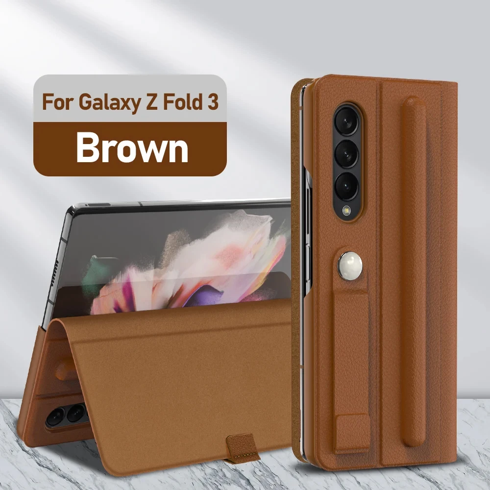 Кожаный чехол Lychee с рисунком для Samsung Galaxy Z Fold3, роскошный флип-чехол с держателем для ручки, ремешком и магнитным слотом