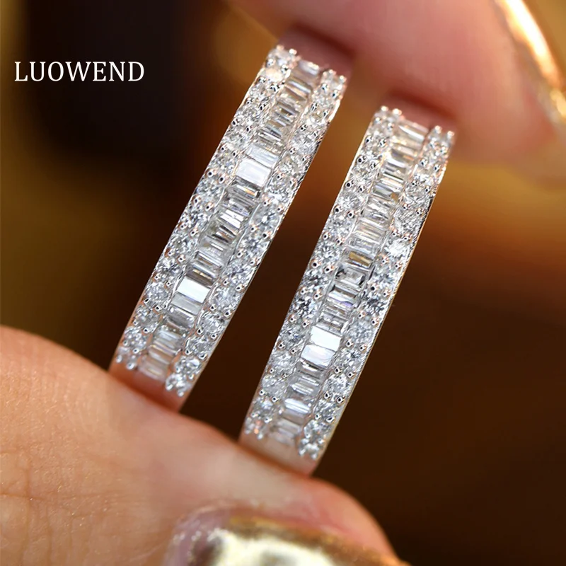 LUOWEND 100% 18K White Gold Rings Row Drill 0.50carat Real Natural Diamond Ring Wedding Band for Women Fashion Design Jewelry