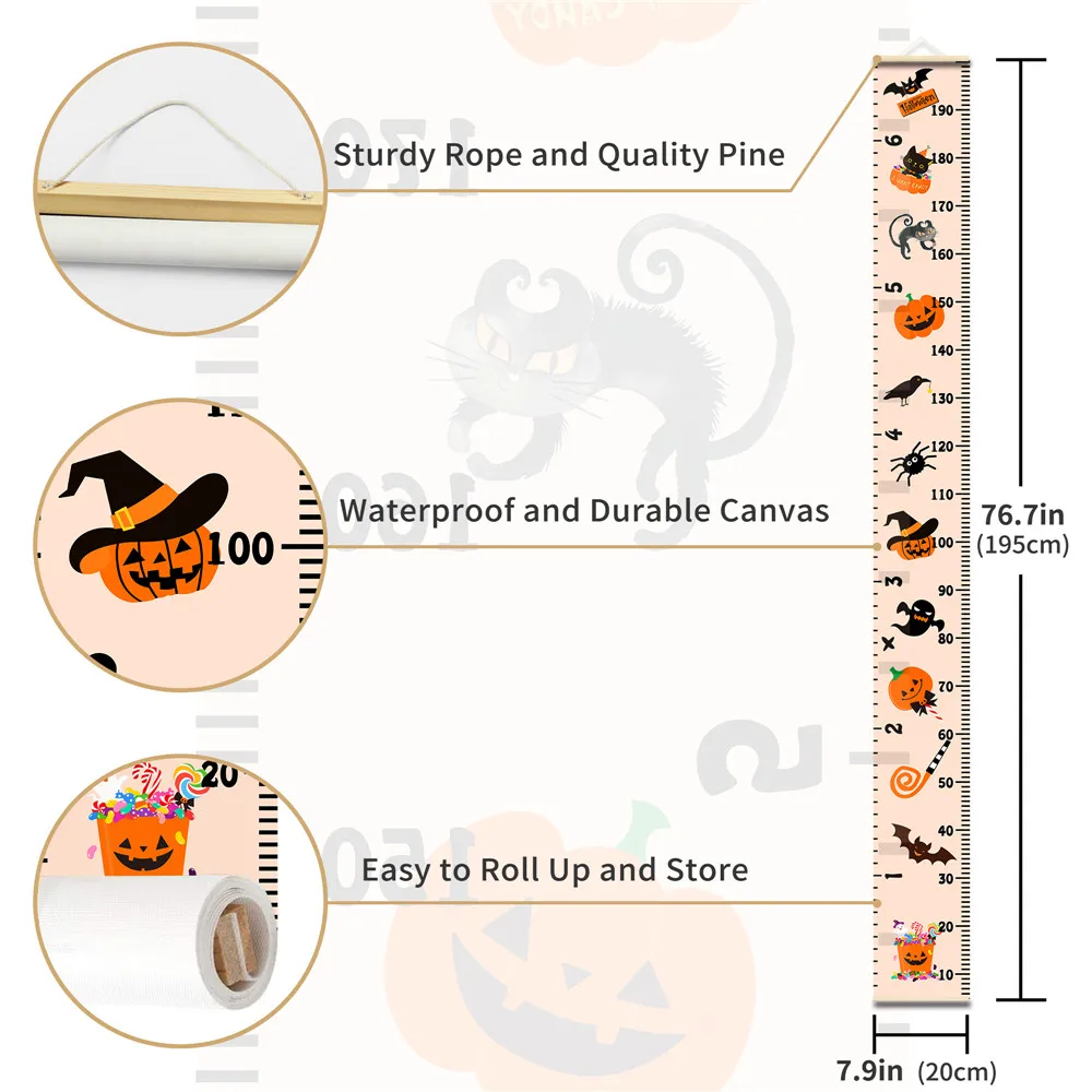 Halloween Decor Baby Growth Chart Cartoon Pumpkin Ghost Bat Prints Height Measuring Ruler for Children Bedroom Living Room Deco