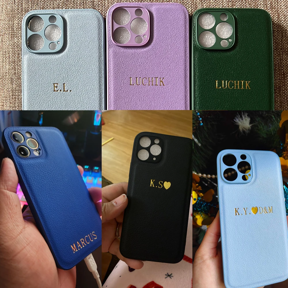 Luxury Personalised Case For iPhone 16 15 14 13 12 11 Pro Max Customized Name initials Letter Leather Cover 7 8 plus XR XS max 5