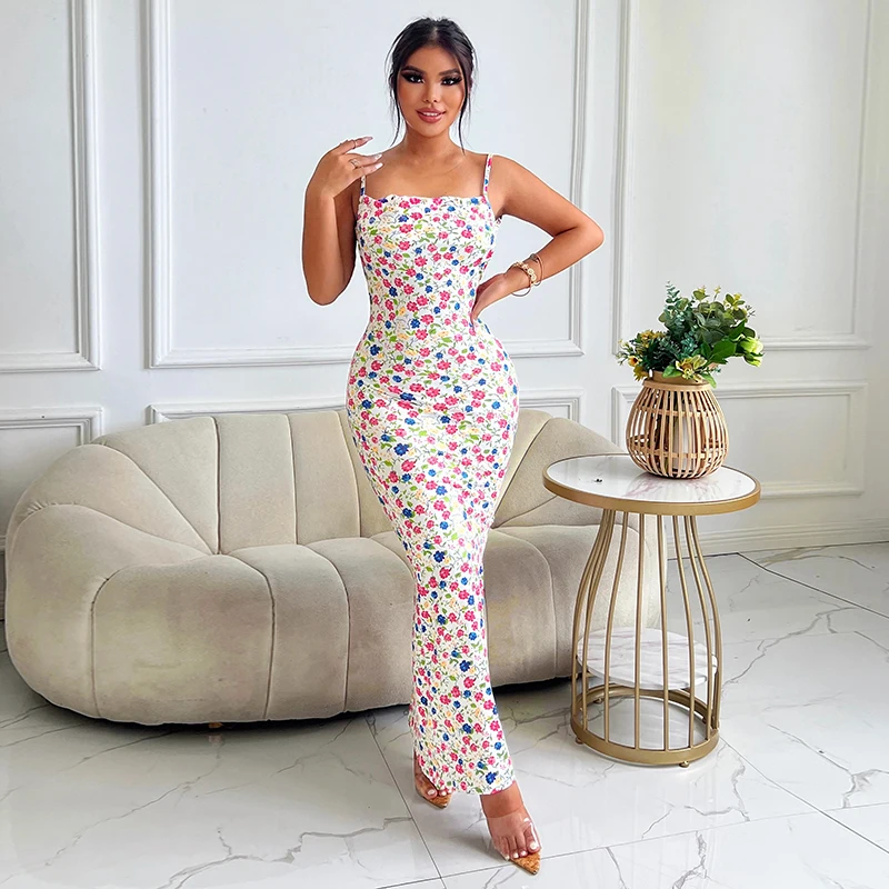 Flower Print Slip Sleeveless Slim 2025 Spring Women Elegant Streetwear Party Clothing Concise Maxi Dress