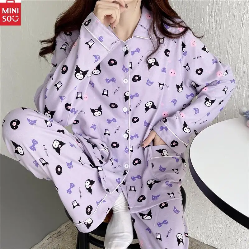

Miniso Kuromi пурпурный Пижамный костюм для девочек пикантные брюки с длинным рукавом носить на улице Домашняя одежда Удобный свободный крой домашняя одежда