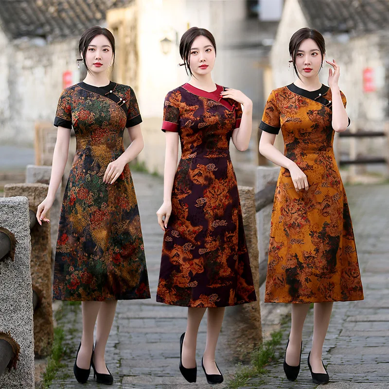 

Summer Short Sleeves A-Line Printed Satin Cheongsam Traditional Broadside O-Neck Qipao Retro Women Dress