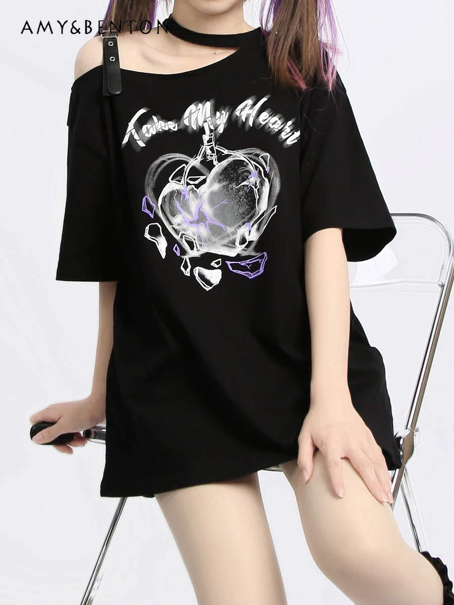 

Halterneck with Suspenders off-the-Shoulder Asymmetric T-shirt 2023 Summer Cool Design New Black Short Sleeve Loose Top