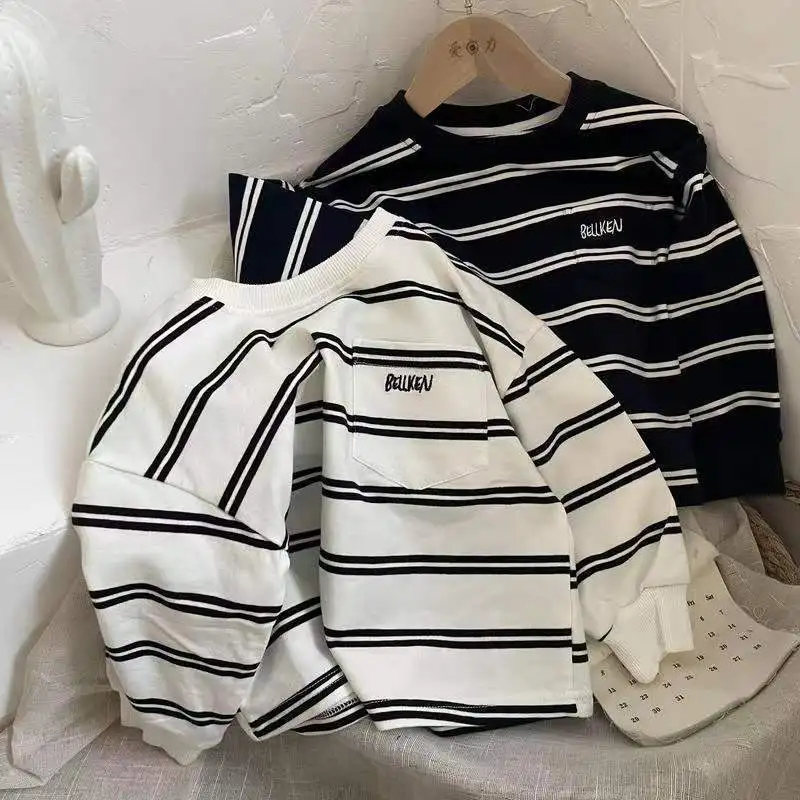 Boys and Girls Cotton T shirt Spring and Autumn Simple Stripe Embroidery T shirt children t shirt