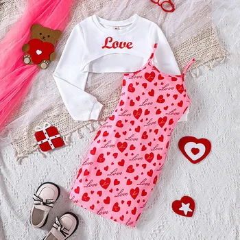 Kids Casual Clothing Sets Outfits for Girls 2024 Spring Children Fashion Long Sleeve Short Tops Print Cami Bodycon Dress 5-14Y