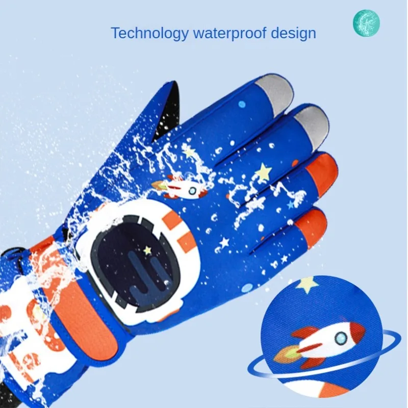 Childrens Winter Skiing Gloves Astronaut Five Finger Primary School Students Riding Thick Windproof and Warm Gloves Touch Screen