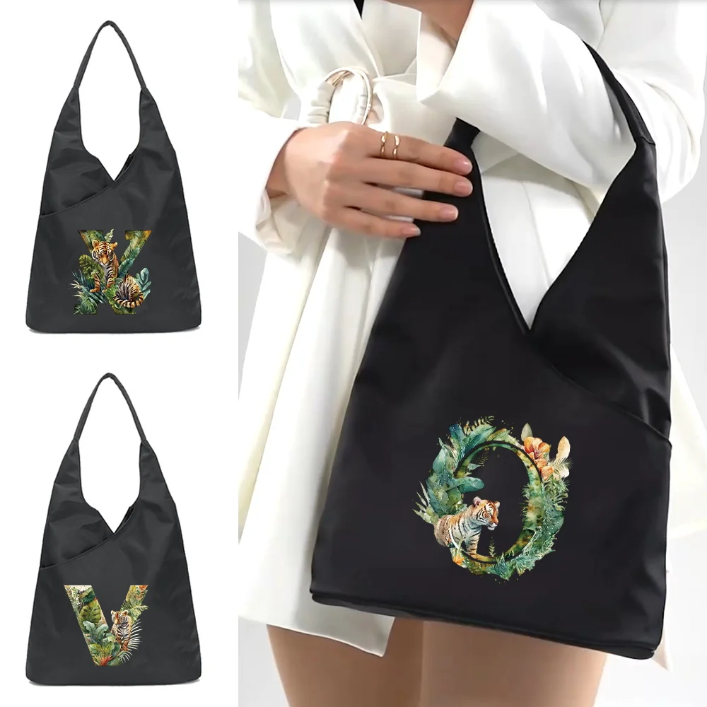 Jungle Tiger Letter Printing Pattern Large Capacity Environmentally Friendly Reusable Storage Bag Women's Outdoor Underarm Bag