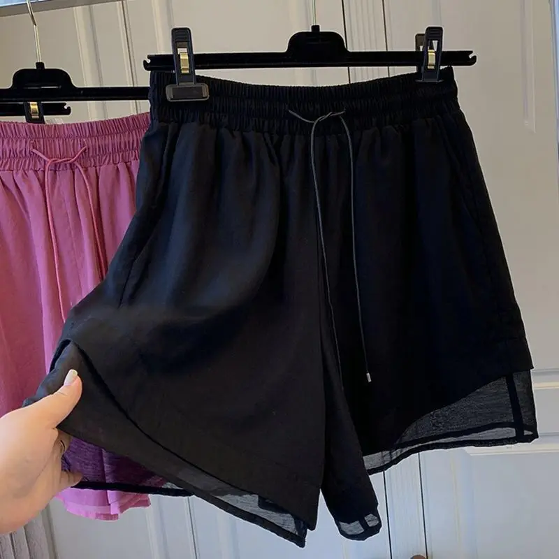 Summer New Elastic Waist Solid Loose Plus Size All-match Sports Shorts Lacing Patchwork Shorts Casual Fashion Women Clothing